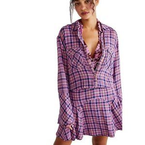 Free People Milo Mini Dress Plaid Button Front Relaxed Drapey Pink XL New